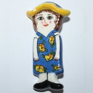 Vintage pin Susan Paley Ganz Ceramic lady, blue yellow dress, hat signed 2.5”